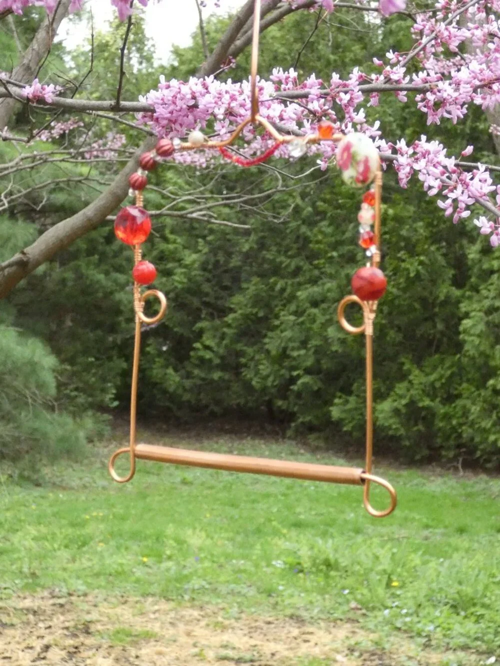 Copper Hummingbird Perch Swing with Detachable Copper Hook Red Beads